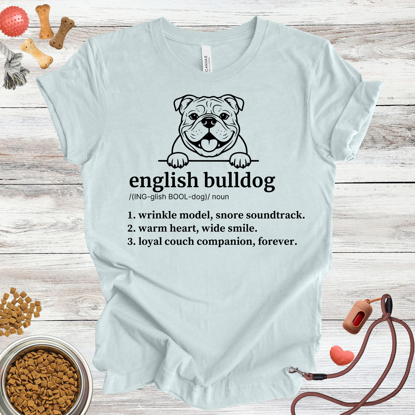English Bulldog definition dog t-shirt in Heather Ice Blue — Paw Shaped Love