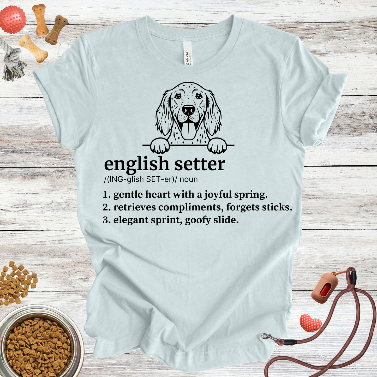 English Setter definition dog t-shirt in Heather Ice Blue — Paw Shaped Love