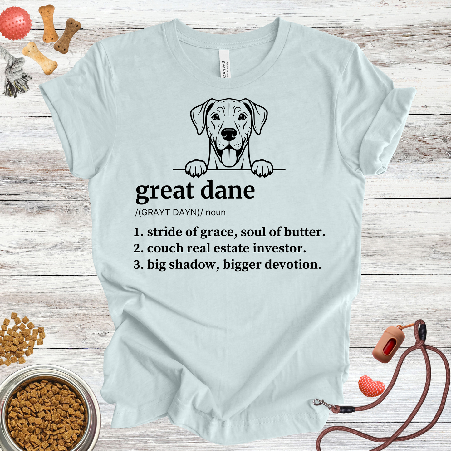 Great Dane definition dog t-shirt in Heather Ice Blue — Paw Shaped Love