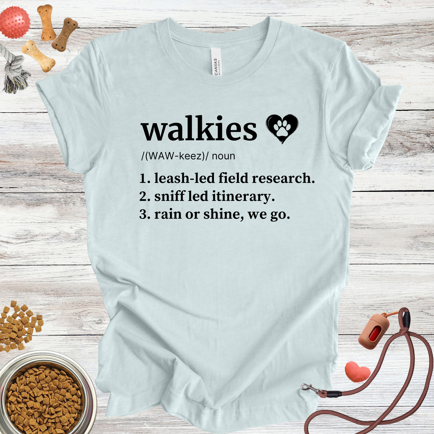 Walkies definition dog t-shirt in Heather Ice Blue β Paw Shaped Love