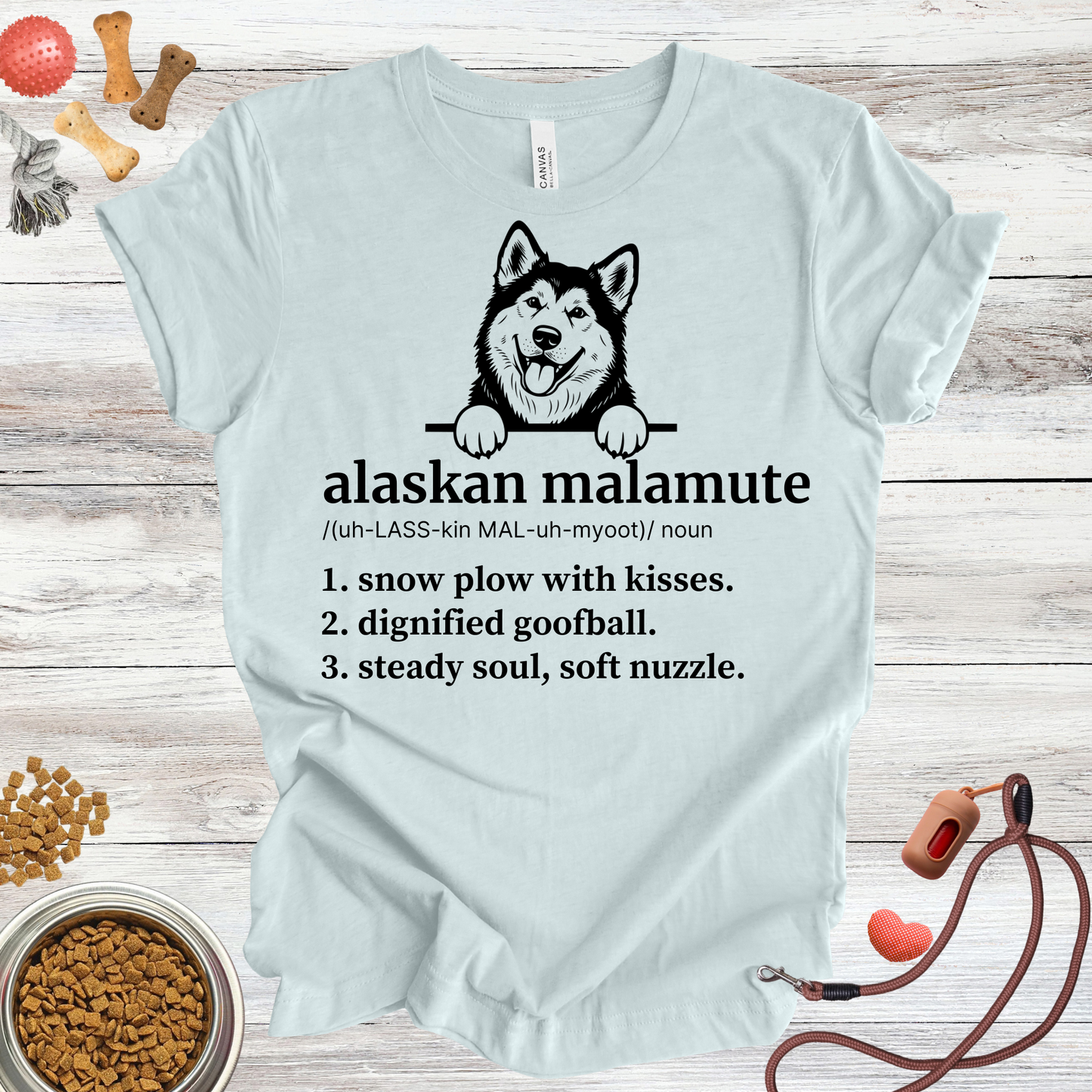 Alaskan Malamute definition dog t-shirt in Heather Ice Blue — Paw Shaped Love