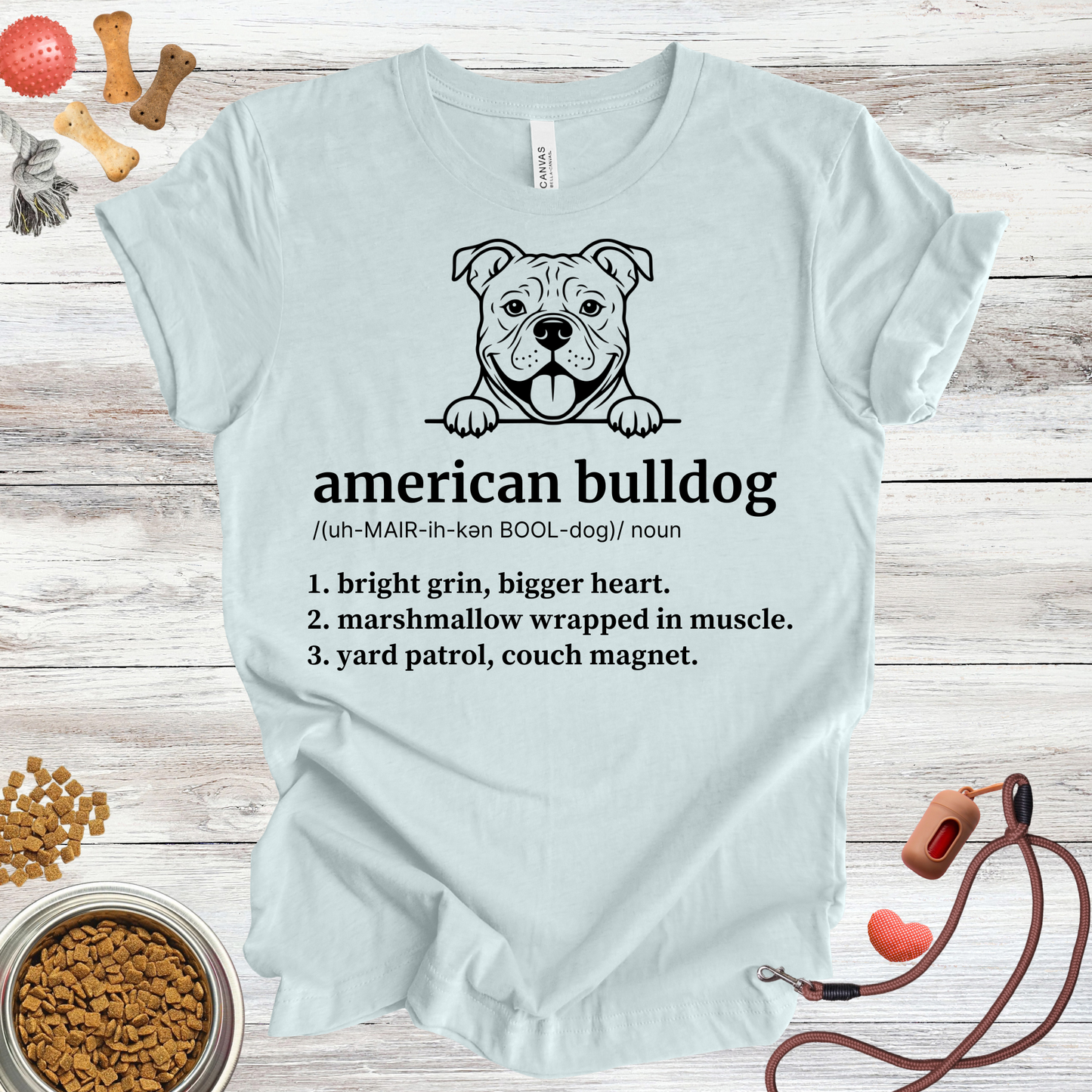 American Bulldog definition dog t-shirt in Heather Ice Blue — Paw Shaped Love