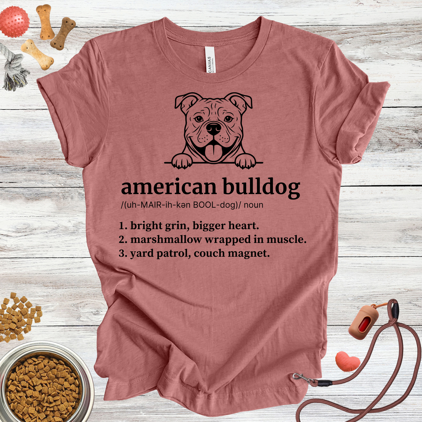 American Bulldog definition dog t-shirt in Heather Mauve — Paw Shaped Love