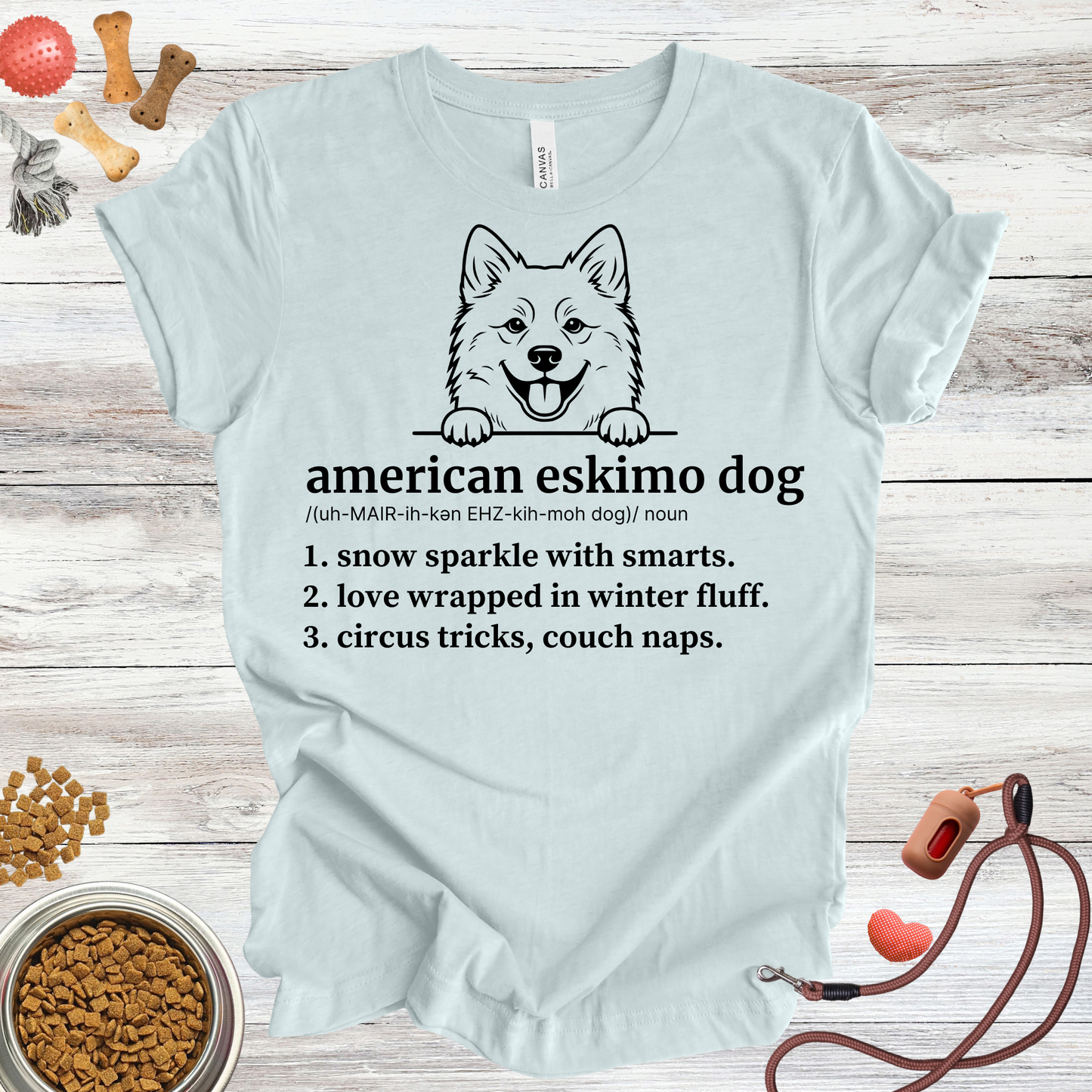 American Eskimo Dog definition dog t-shirt in Heather Ice Blue — Paw Shaped Love