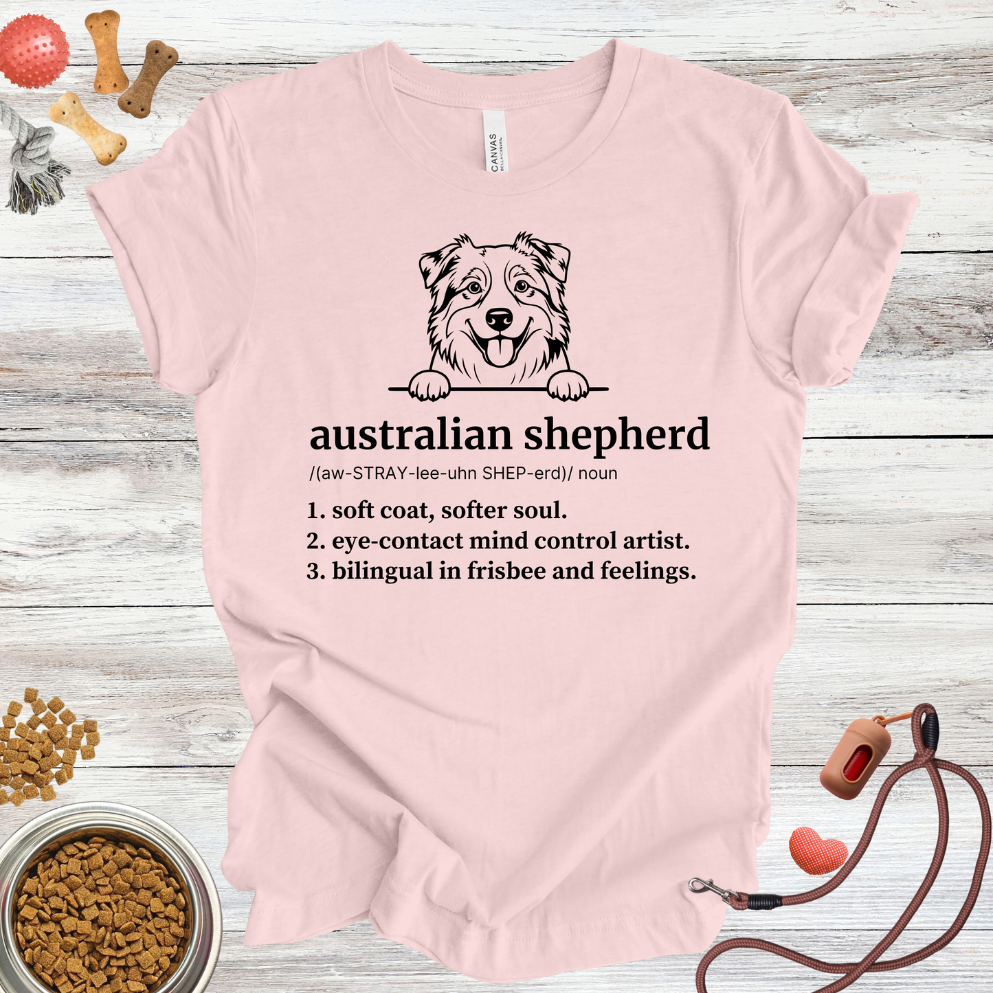 Australian Shepherd definition dog t-shirt in Soft Pink — Paw Shaped Love