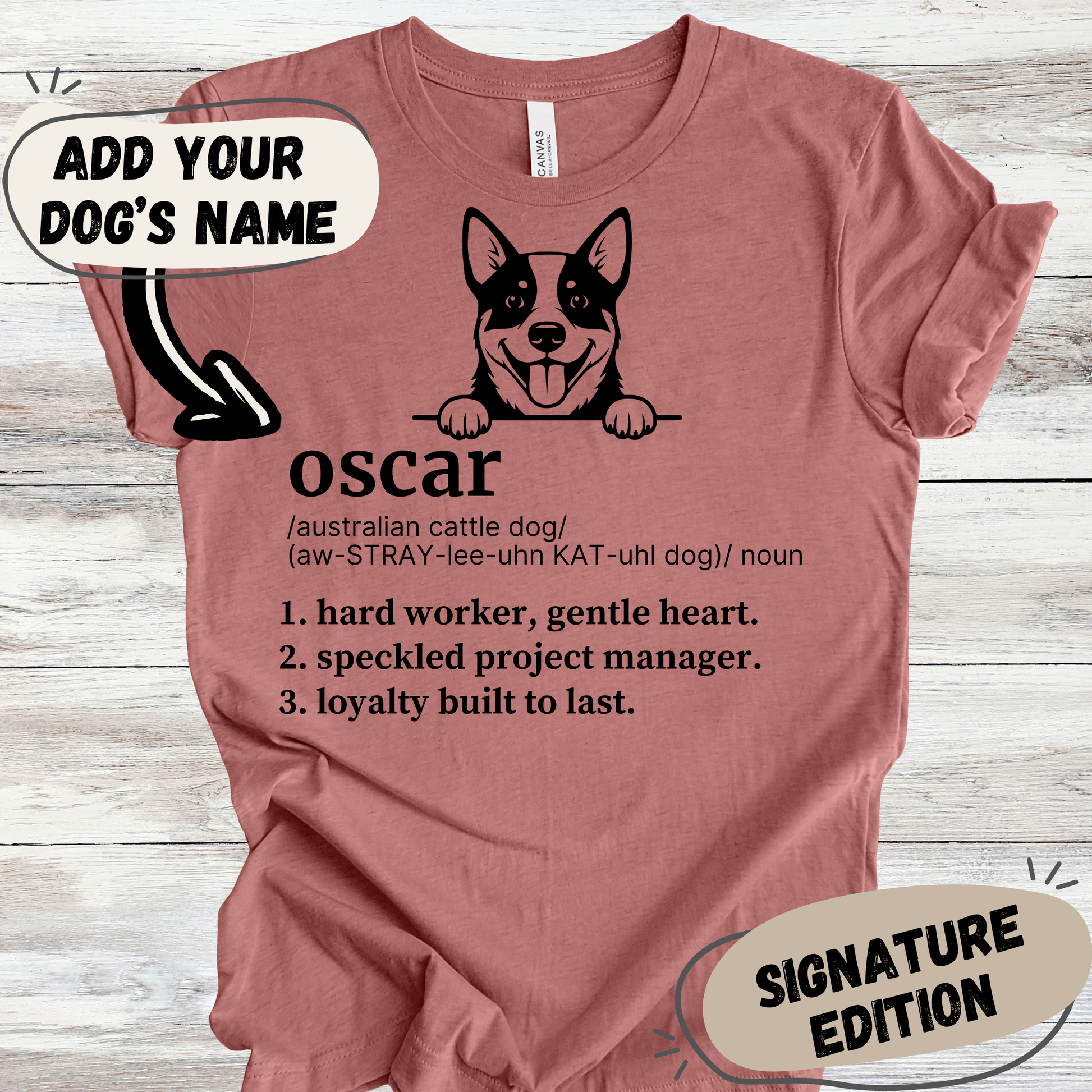 Australian Cattle Dog definition dog t-shirt in Heather Mauve — Paw Shaped Love