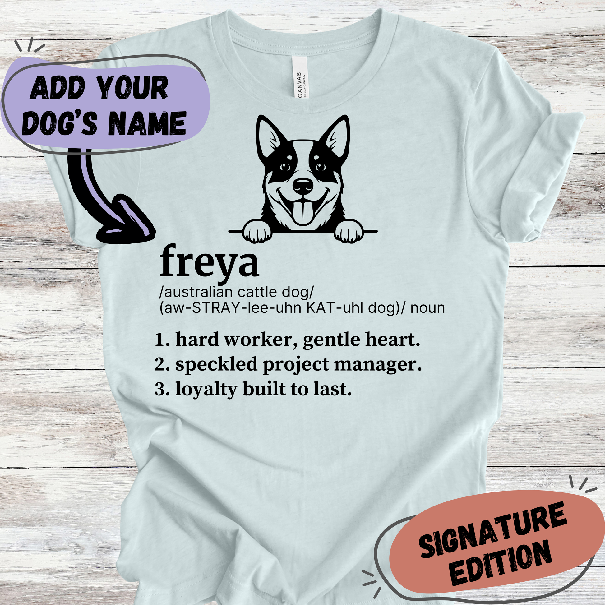 Australian Cattle Dog definition dog t-shirt in Heather Ice Blue — Paw Shaped Love