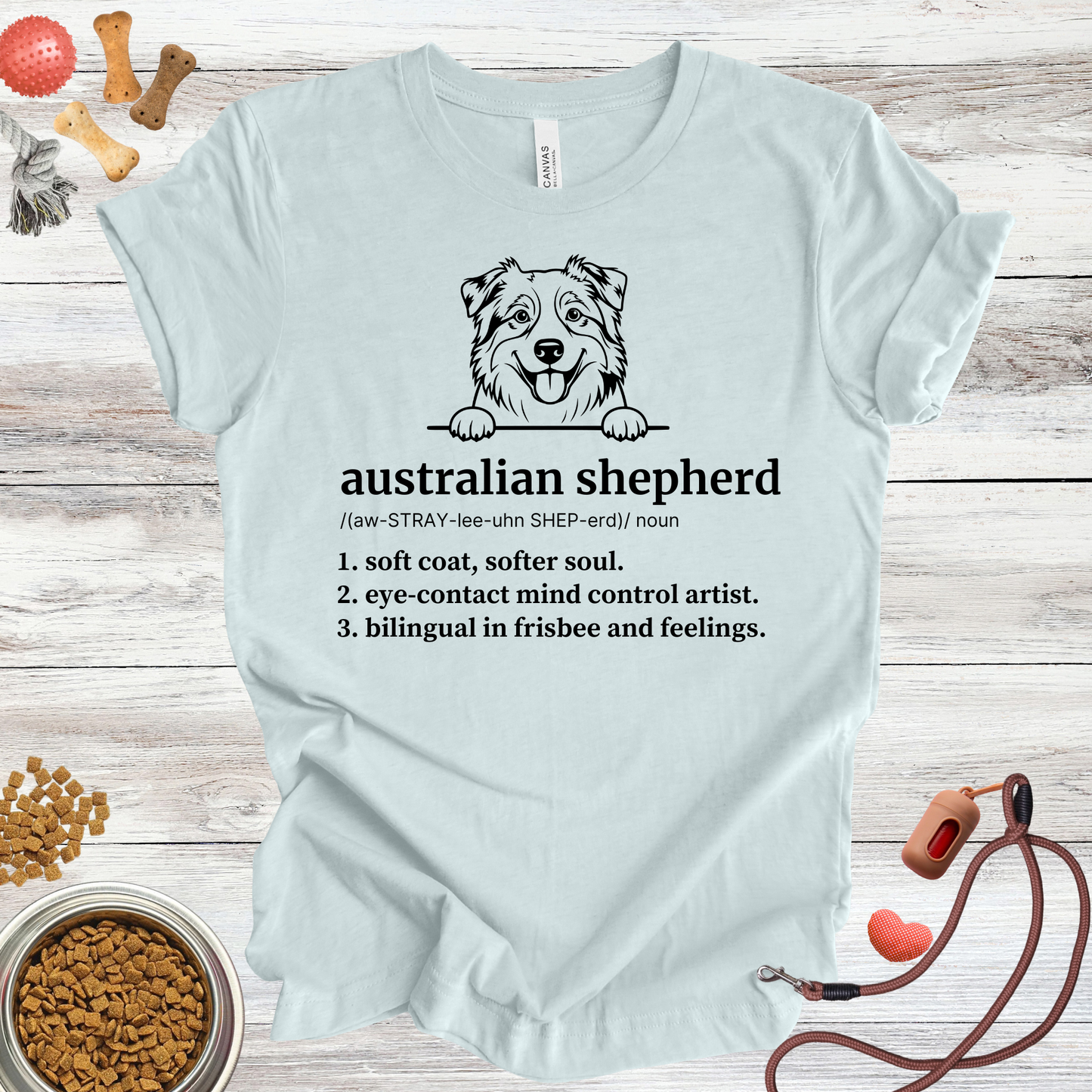 Australian Shepherd definition dog t-shirt in Heather Ice Blue — Paw Shaped Love