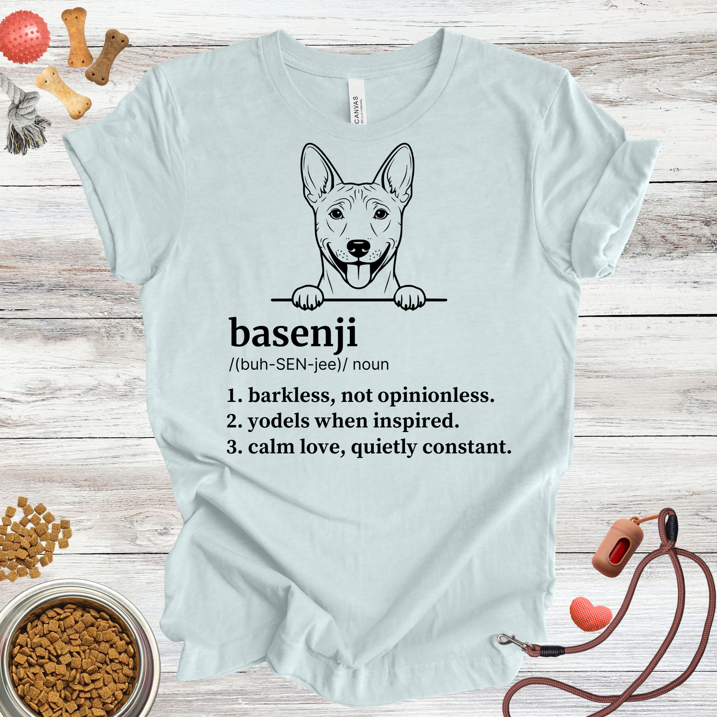 Basenji definition dog t-shirt in Heather Ice Blue — Paw Shaped Love