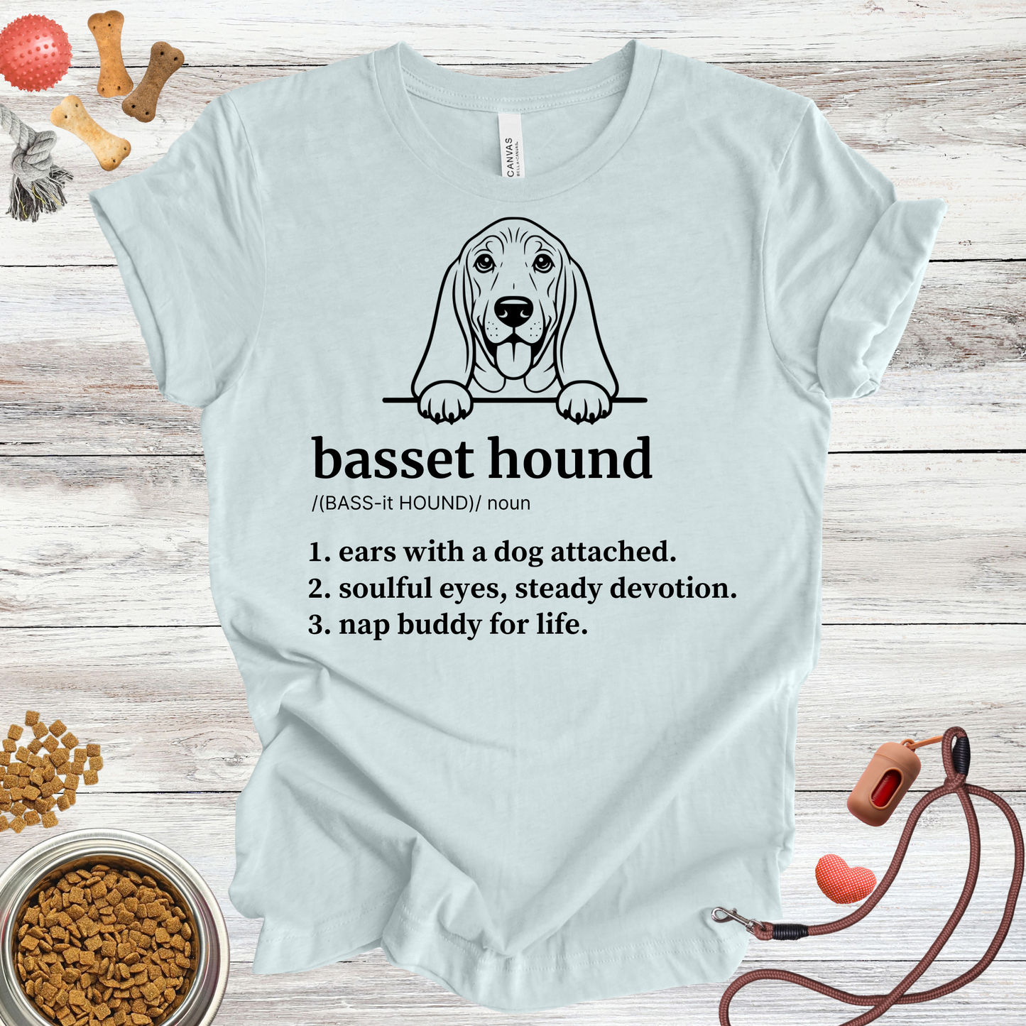 Basset Hound definition dog t-shirt in Heather Ice Blue — Paw Shaped Love