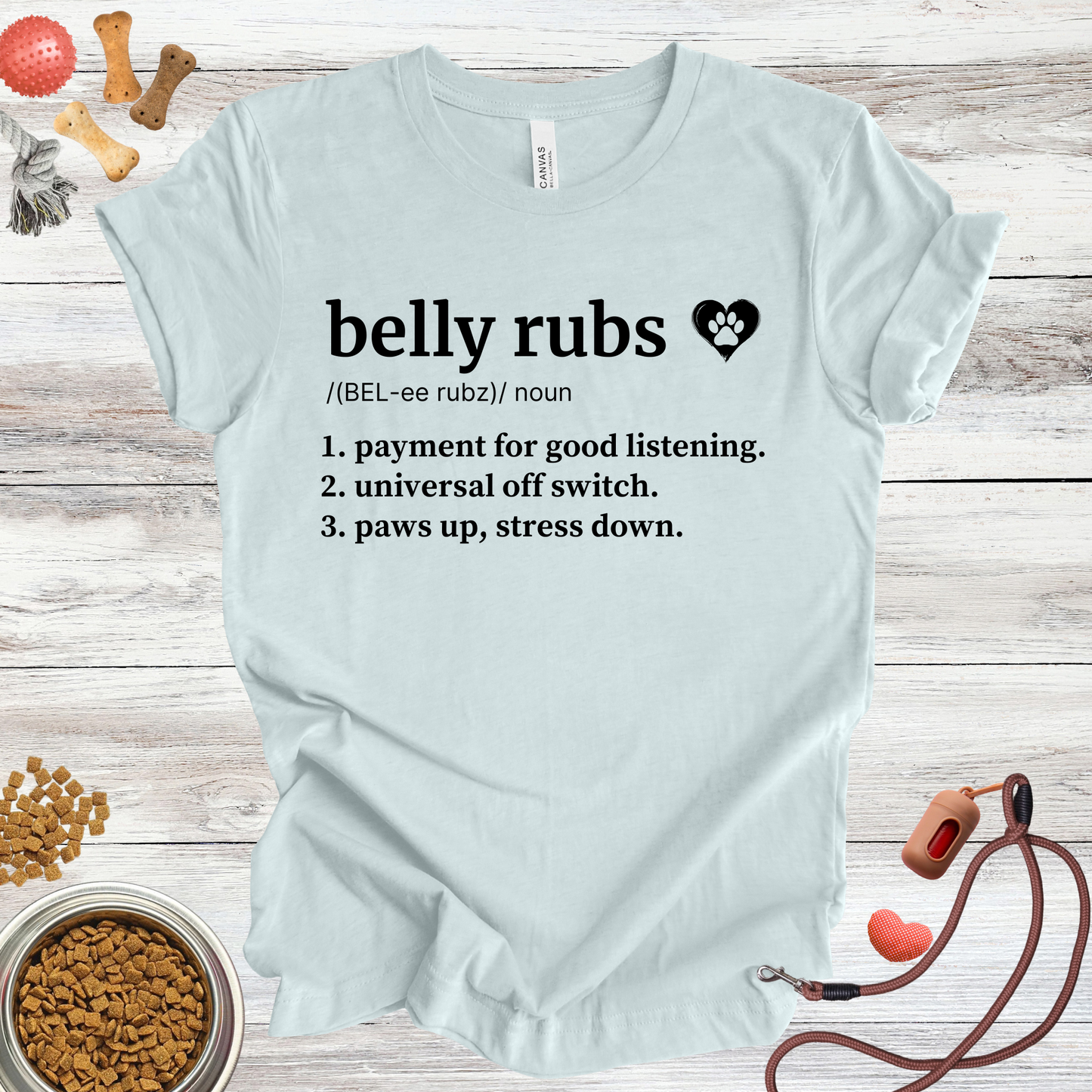 Belly Rubs definition dog t-shirt in Heather Ice Blue — Paw Shaped Love