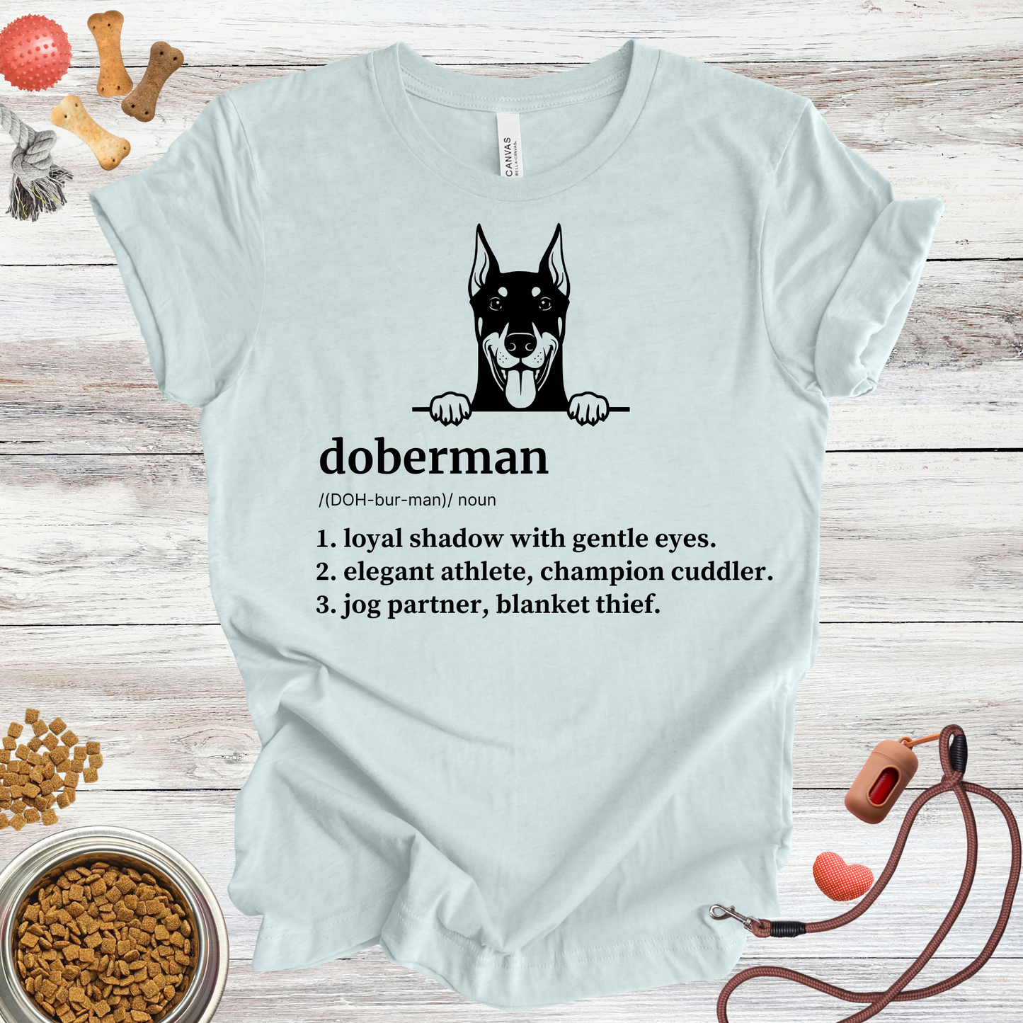 Doberman definition dog t-shirt in Heather Ice Blue — Paw Shaped Love