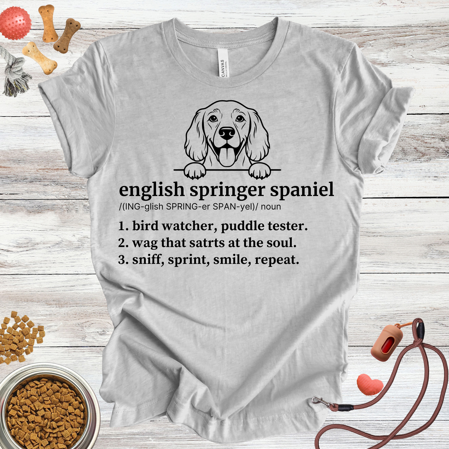 English Springer Spaniel definition dog t-shirt in Athletic Heather — Paw Shaped Love