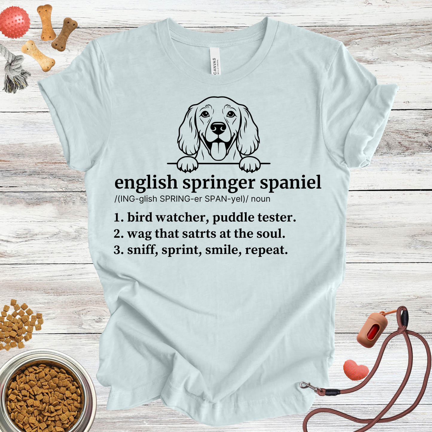 English Springer Spaniel definition dog t-shirt in Heather Ice Blue — Paw Shaped Love
