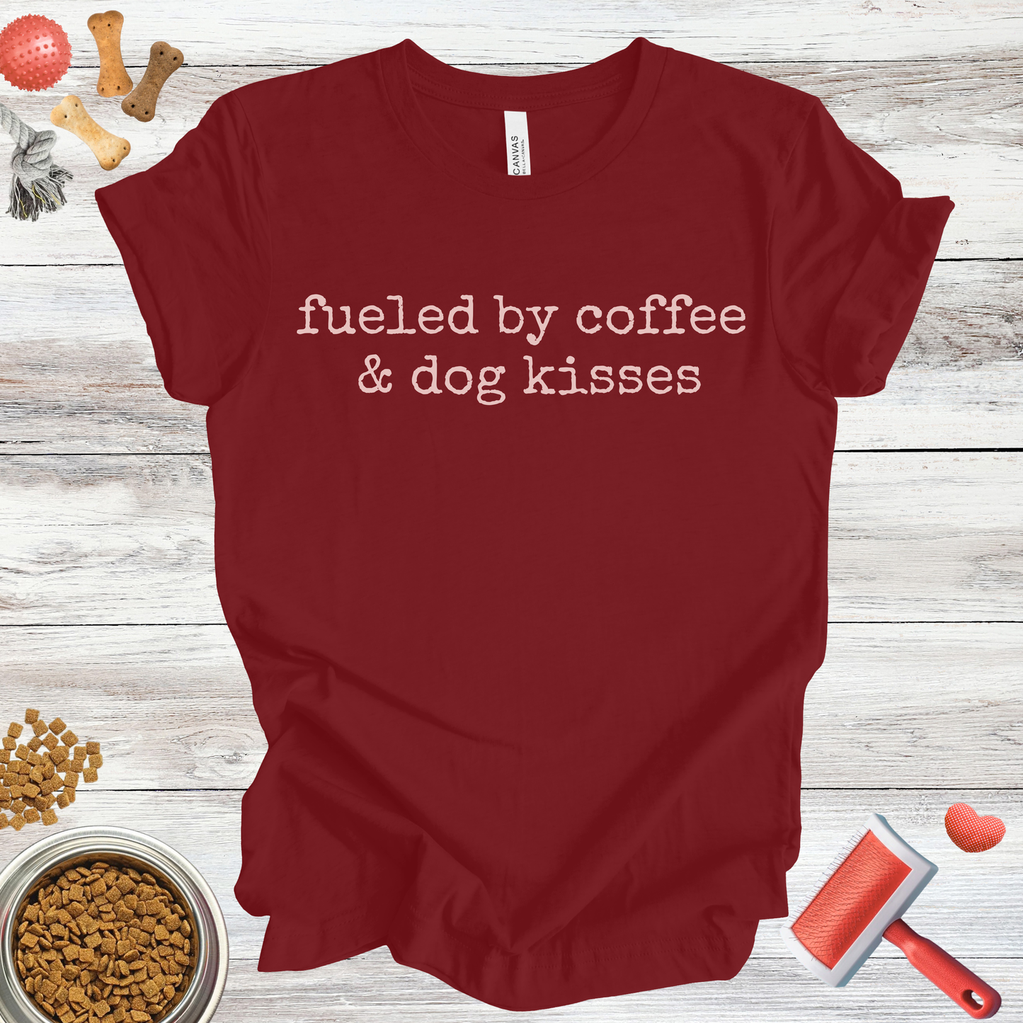 Fueled By Coffee & Dog Kisses dog t-shirt in Multi-Color — Paw Shaped Love