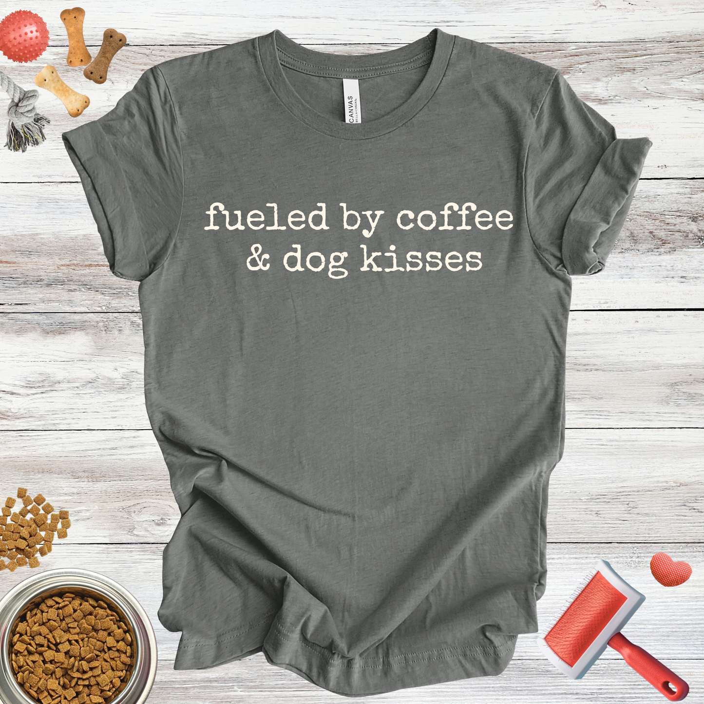 Fueled By Coffee & Dog Kisses dog t-shirt in Multi-Color — Paw Shaped Love