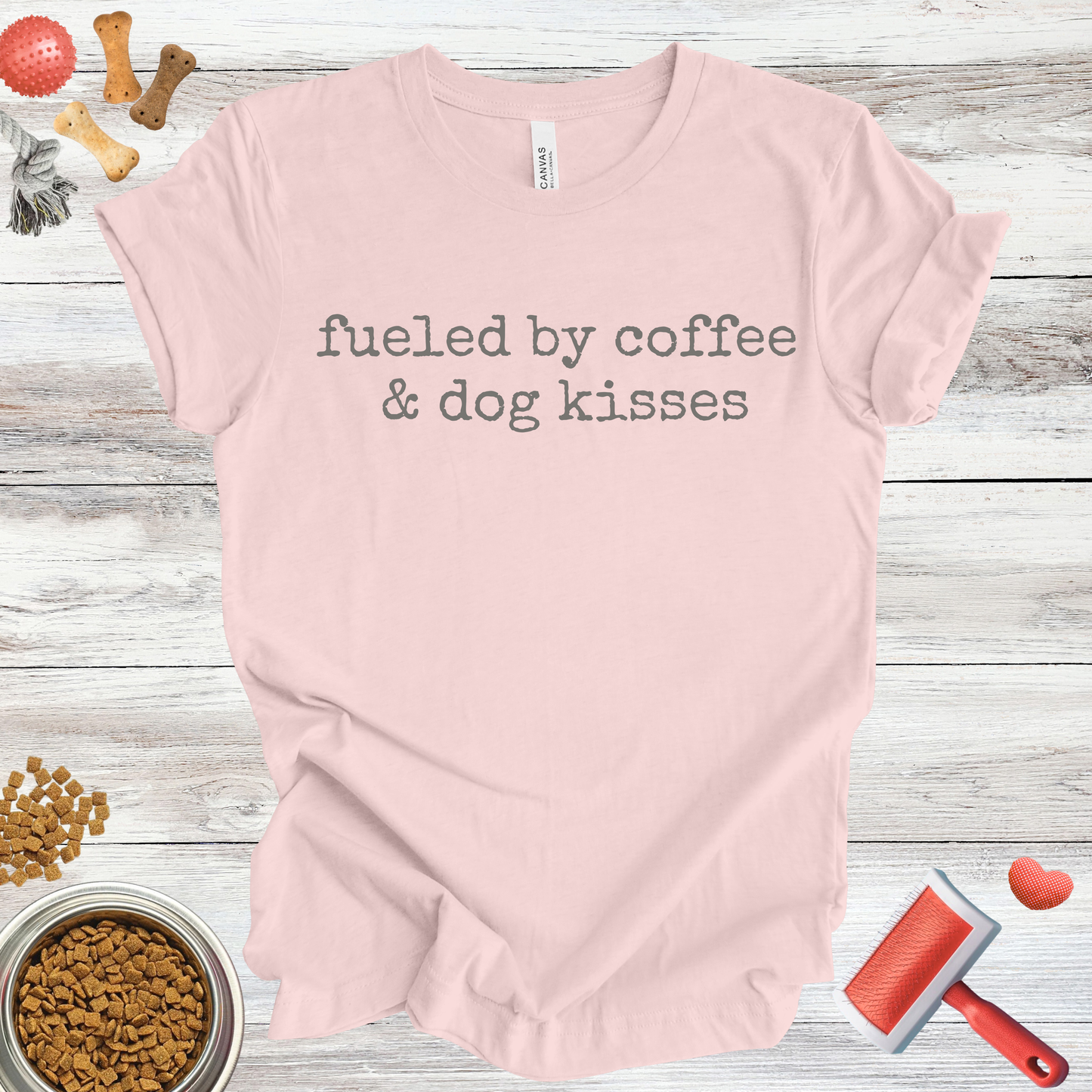 Fueled By Coffee & Dog Kisses dog t-shirt in Soft Pink — Paw Shaped Love