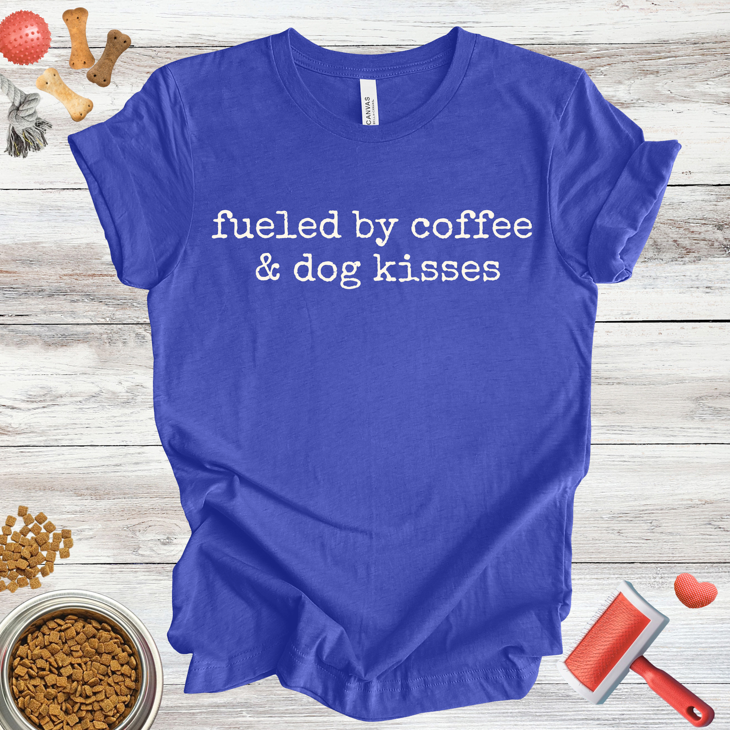 Fueled By Coffee & Dog Kisses dog t-shirt in Multi-Color — Paw Shaped Love