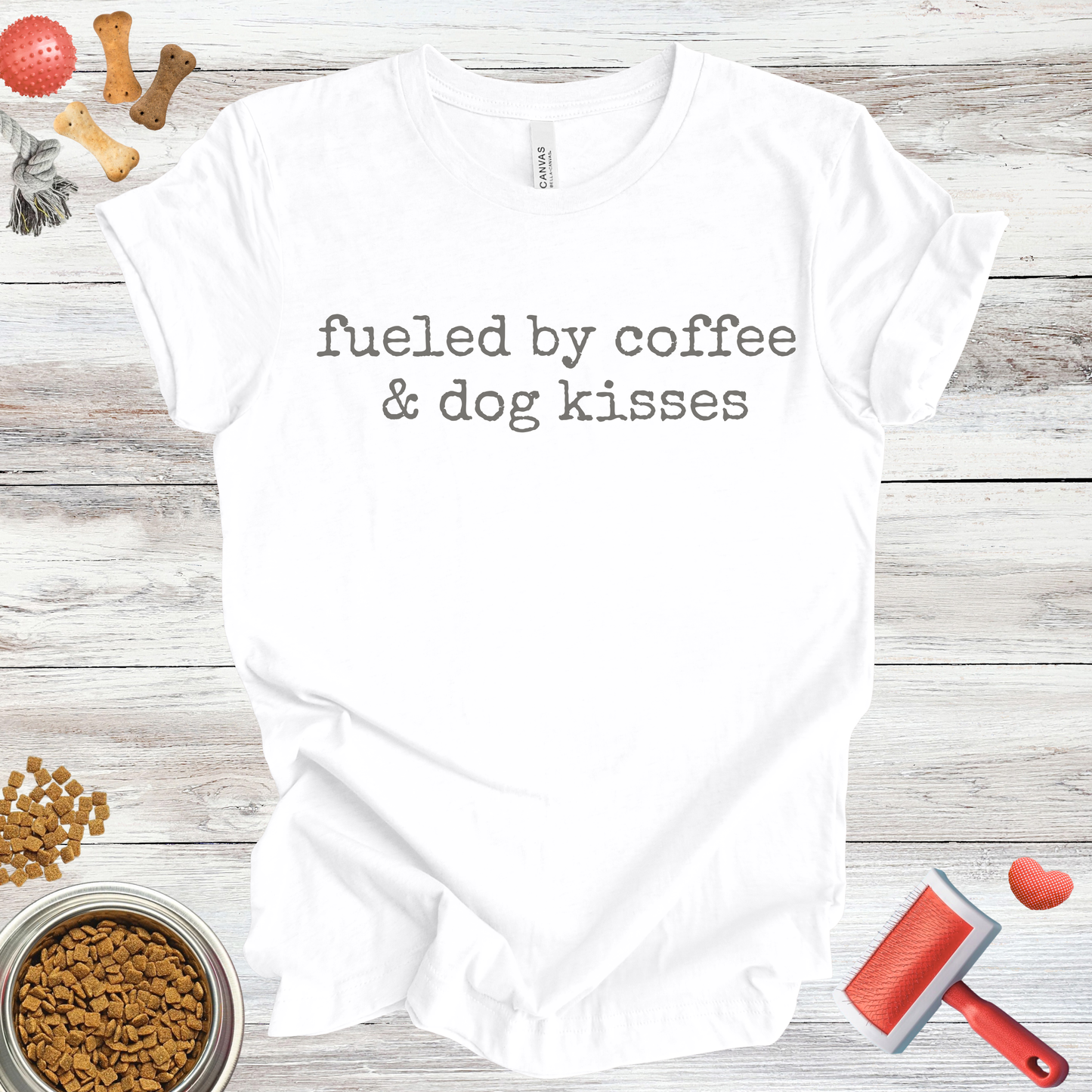 Fueled By Coffee & Dog Kisses dog t-shirt in White — Paw Shaped Love