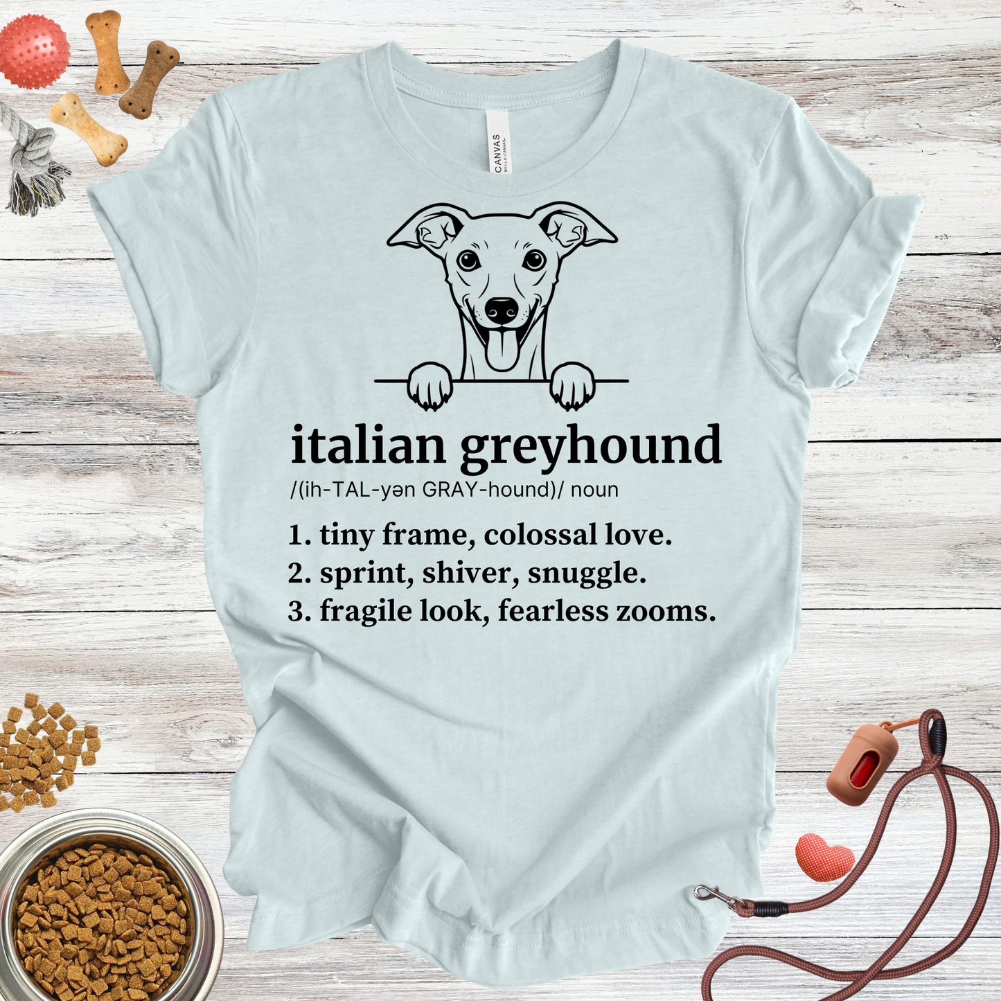 Italian Greyhound definition dog t-shirt in Heather Ice Blue — Paw Shaped Love