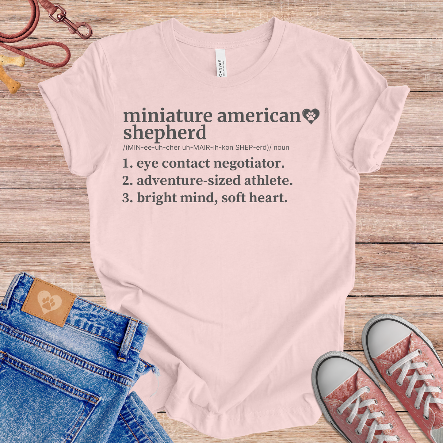 Miniature American Shepherd definition Tee dog t-shirt in Soft Pink — Paw Shaped Love