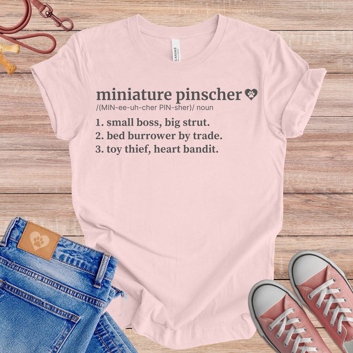 Miniature Pinscher definition Tee dog t-shirt in Soft Pink — Paw Shaped Love
