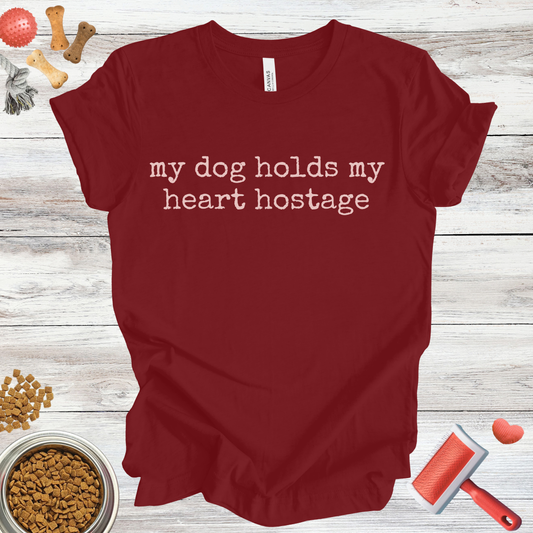 My Dog Holds My Heart Hostage dog t-shirt in Multi-Color — Paw Shaped Love