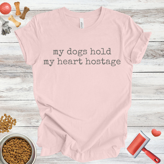My Dogs Hold My Heart Hostage dog t-shirt in Soft Pink — Paw Shaped Love