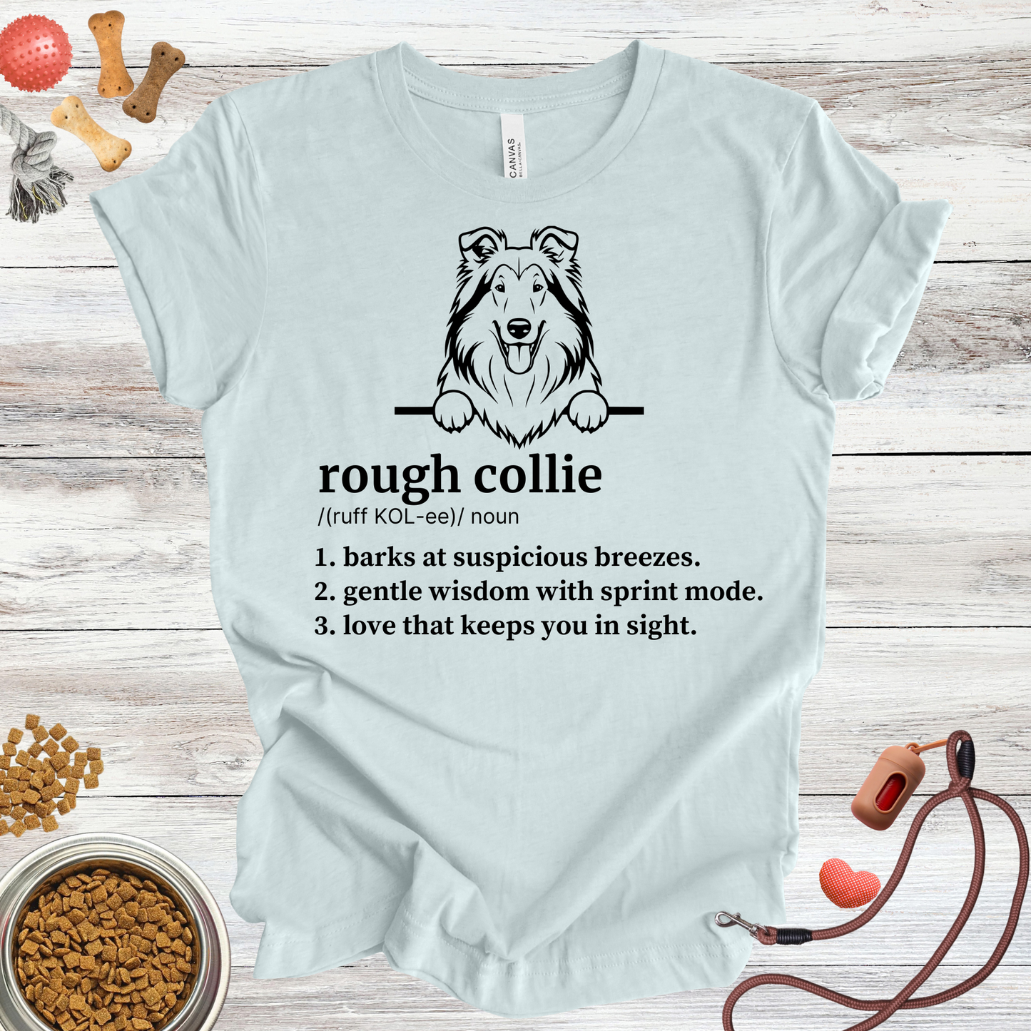 Rough Collie definition dog t-shirt in Heather Ice Blue — Paw Shaped Love