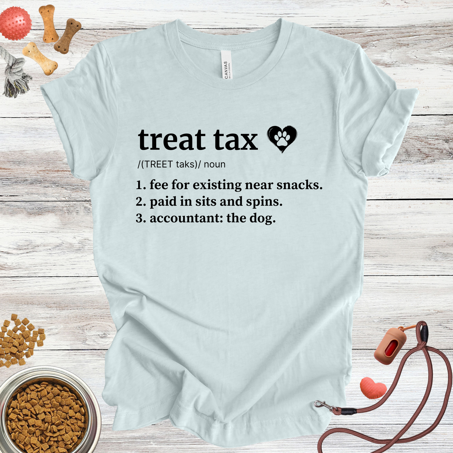 Treat Tax definition dog t-shirt in Heather Ice Blue — Paw Shaped Love