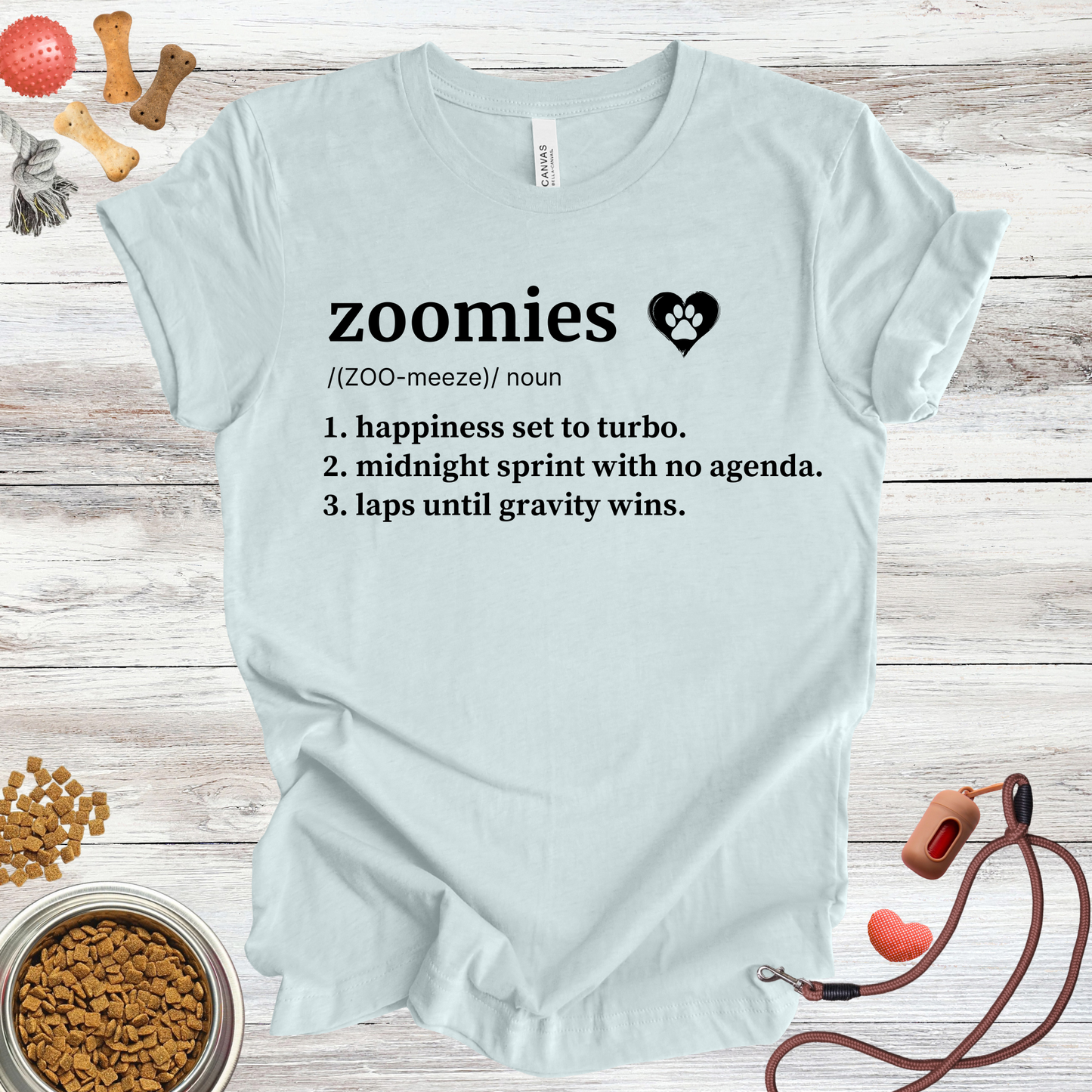 Zoomies definition dog t-shirt in Heather Ice Blue — Paw Shaped Love